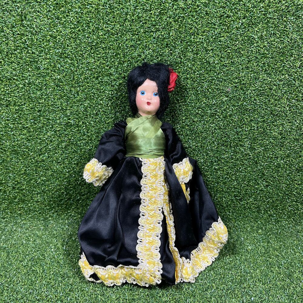 Vintage 9" Spanish International Costume Doll Black Satin Dress Red Flower